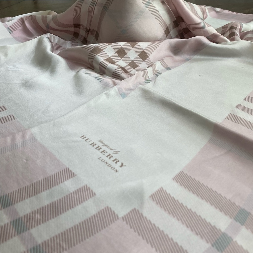Authentic Burberry Pink Black Nova Check Plaid Print Silk Scarf - Picture 2 of 11